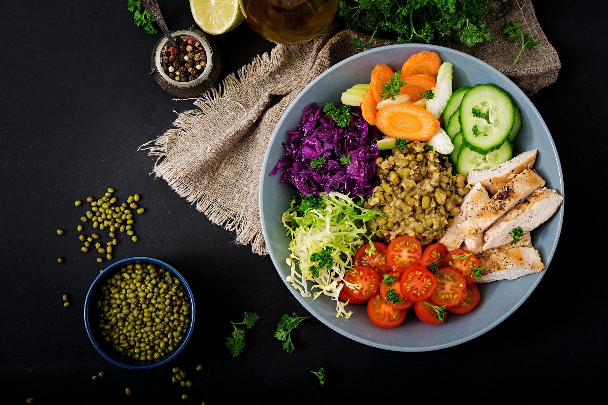 Healthy Salad With Chicken, Tomatoes, Cucumber, Lettuce and Carrot